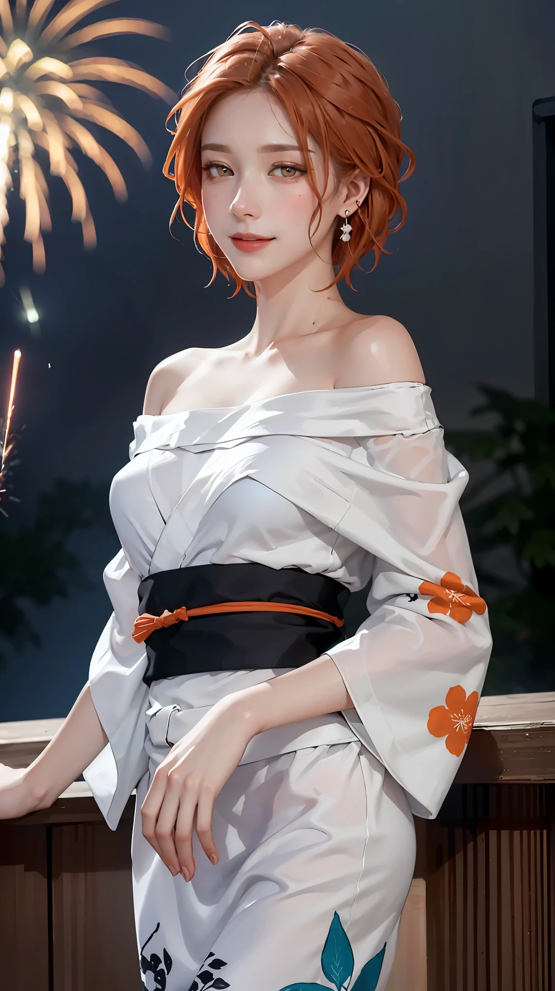 ((((masterpiece, best quality, high resolution)))), Extremely detailed 8K, Beautiful girl with voluptuous body, (Ultra HD, Ultra-detailed, Highly detailed, Highly realistic, Ultra-realistic, photograph realistic), (1girl:1.5), (Realistic orange hair), (short wavy hair, earrings), (dynamic poses), facing at camera, looking at viewer, (blushing red, embarrassed, smile), (grey eyes, sharp eyes), (small breasts:1.2), (beautiful detailed face, beautiful detailed eyes), ((fluffy off-shoulder yukata)), (standing up), sweat, glow, ((cowboy shot)), firework festival