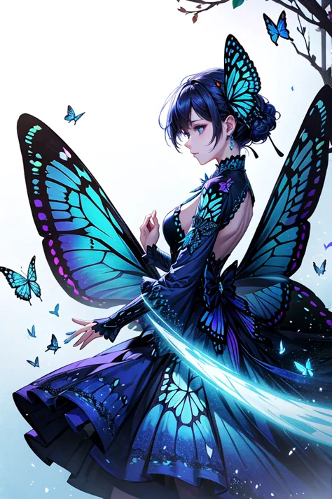 there was a woman in a dress surrounded by butterflies, glowing blue butterfly, butterflies float in the sky, butterflies, autho...