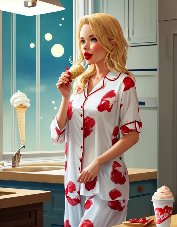 Attractive blonde with red lipstick, wearing white pyjamas, full length, view from afar, eating ice cream in the kitchen at night, caught off guard, startled, confused, watercolor, airbrush, caricature