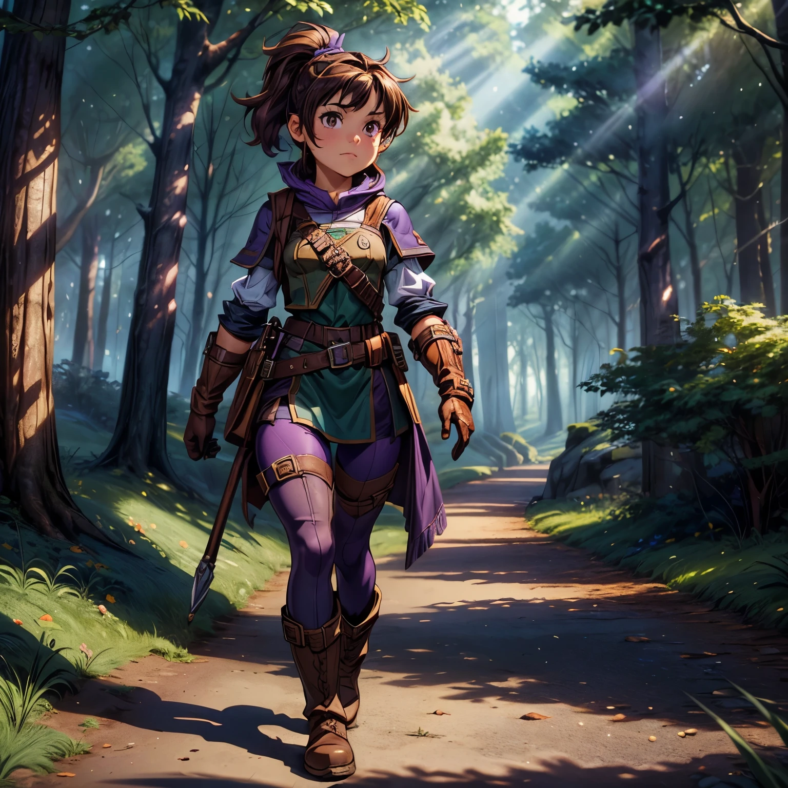 a girl adventurer, brown hair, brown eyes, dark (blue tabard), (purple tights), big boots, leather boots, big gloves, ponytails, (((young girl))),  (((masterpiece))), high quality, 8k. Show her walking through a magical forest.

