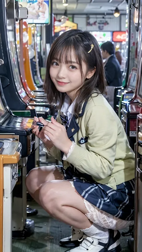 （Best image quality、highest quality、Highest Resolution、masterpiece、detailed、Actual photo）、Beautiful and cute 17-year-old high school girl、Looking at the camera、((Light brown straight hair、Pin Clip Cream、smile))、((Full Body Shot))、((Low Angle))、(Quite small...