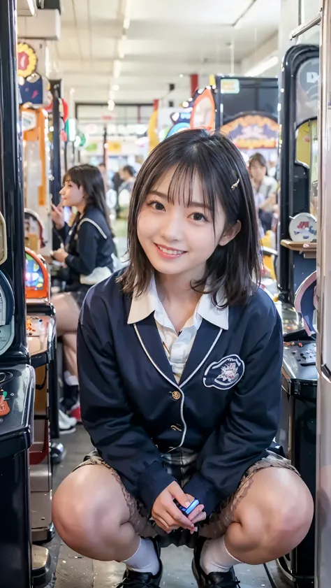 （Best image quality、highest quality、Highest Resolution、masterpiece、detailed、Actual photo）、Beautiful and cute 17-year-old high school girl、Looking at the camera、((Light brown straight hair、Pin Clip Cream、smile))、((Full Body Shot))、((Low Angle))、(Quite small...