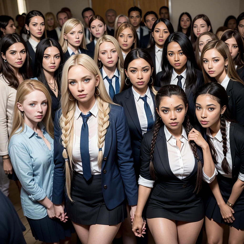 (best quality), (masterpiece:1.2), wide angle photo, full body photo, group photo, 5 women schoolwomen, 56 years old, faces marked by age, guilty faces, skin imperfections, acne, chapped lips, sad wistfully, diverse ethicities: ebony, black, white, nordic, indian, diverse hair colors: redhead, blonde, afro, twin braids, heavy freckles, pale skin, makeup, earings, crowded classroom, morning, school, crowd of people, school uniforms, unbottoned blue shirts, tight shirt, alluring pose, black stockings, open jacket, sexy neckline, large neckline, 16k, photorealistic, real photo, nikon d800, (YES SFW)