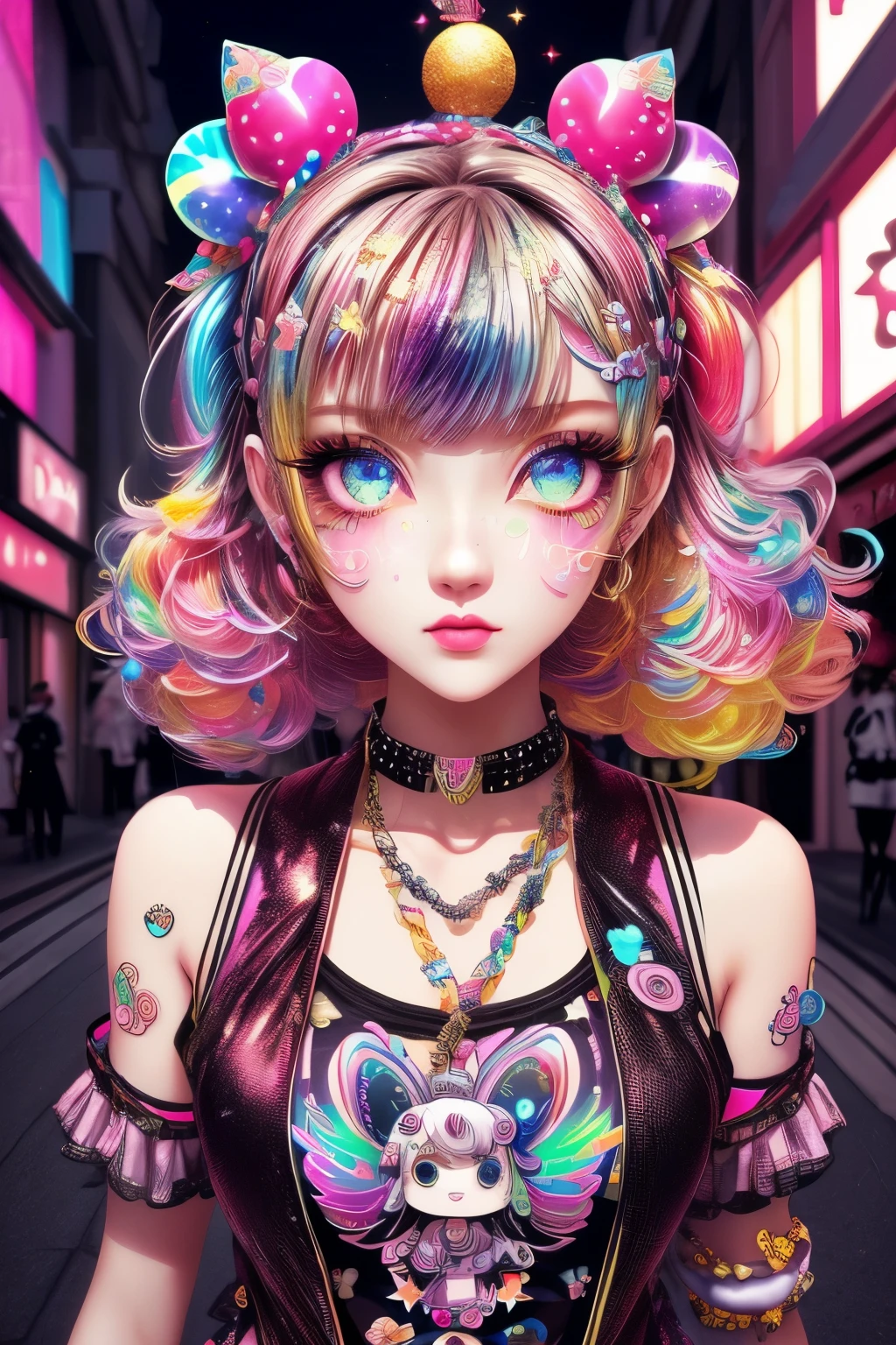 これは色鮮やかで華やかな (傑作). Generate a trendy デコラ woman in the colorful and busy streets of Akihabara, 東京. Generate a lovely デコラ adult woman in the style of Olya Anufrieva on Artstation and Harajuku street fashion. 彼女の服は原宿風で鮮やかだ. 大きめのアクセサリーを入れる, ネオンカラー, 独創的なレイヤー. 女性の衣服やアクセサリーは、 ((((Harajuku デコラ)))) and デコラ kei style.  女性の髪はカールしていてツヤがあり、可愛くスタイリングされている. 女性の衣服やアクセサリーは、 Harajuku デコラ and デコラ kei style. 彼女の目は重要で素晴らしい, 興味深い色彩と模様. ((((虹彩と輝き)))), キラキラ, 最高の目, 最高品質, サイバーパンク系, ビジュアルは, 自撮り, 大胆な色彩と模様, LEDライト, ((光るネオンサイン)), ((超詳細)), ダイナミックな構成, (((デコラ)))