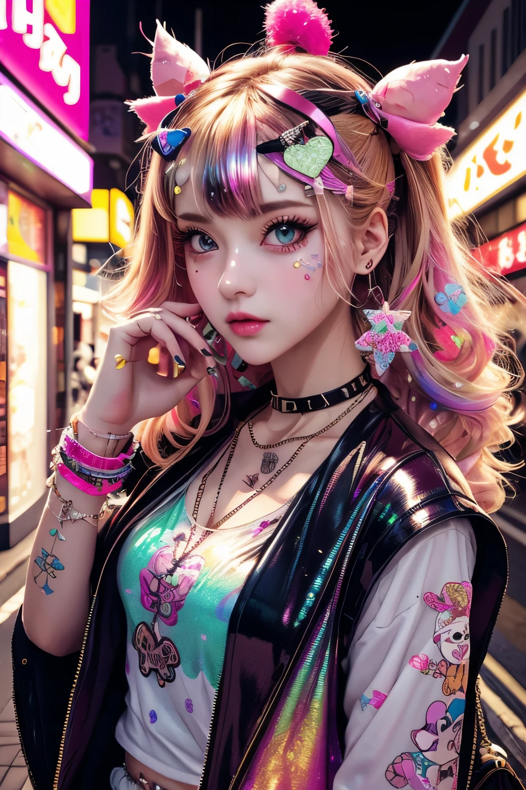 This is a colorful and ornate (masterpiece). Generate a trendy decora woman in the colorful and busy streets of Akihabara, Tokyo. Generate a lovely decora adult woman in the style of Olya Anufrieva on Artstation and Harajuku street fashion. Her clothes are vibrant in the Harajuku style. Include oversized accessories, neon colors, and inventive layering. The woman's clothes and accessories should be highly ornate in the ((((Harajuku decora)))) and decora kei style.  The woman's hair is curly and glossy and styled cutely. The woman's clothes and accessories should be highly ornate in the Harajuku decora and decora kei style. Her eyes are important and stunning, with interesting coloring and patterns. ((((iridescence and shimmer)))), glitter, best eyes, best quality, cyberpunk kei, visual kei, selfie, bold colors and patterns, LED lights, ((glowing neon signs)), ((ultra detailed)), dynamic composition, (((decora)))