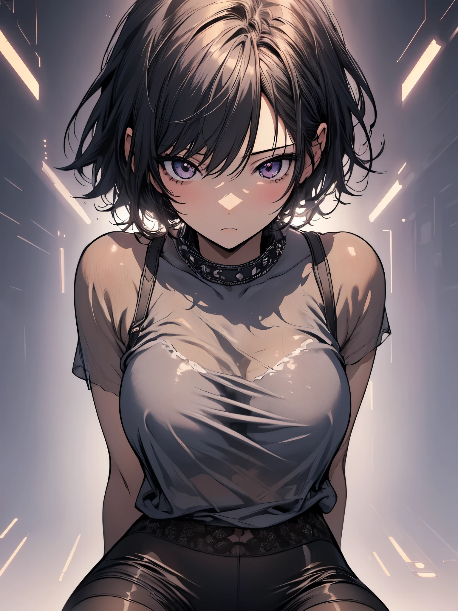 One Girl, (Iris:1.3),A triumphant look、View from above、Black Hair, pubic hair, break (Grey Shirt:1.5), (Black see-through underwear:1.3), Plain underwear, Huge breasts, naked, Exposed Skin,return, Hip, break (White Background:1.2), Black Theme、夜 break looking at viewer, break (masterpiece:1.2), highest quality, High resolution, unity 8k wallpaper, (shape:0.8), (Beautiful details:1.6), Highly detailed face, Perfect lighting, Extremely detailed CG, (Perfect hands, Perfect Anatomy),,Anime Style、sketch、Eye contour、Beautiful back、Panic pose、Muscular pussy、Spread your legs、short hair