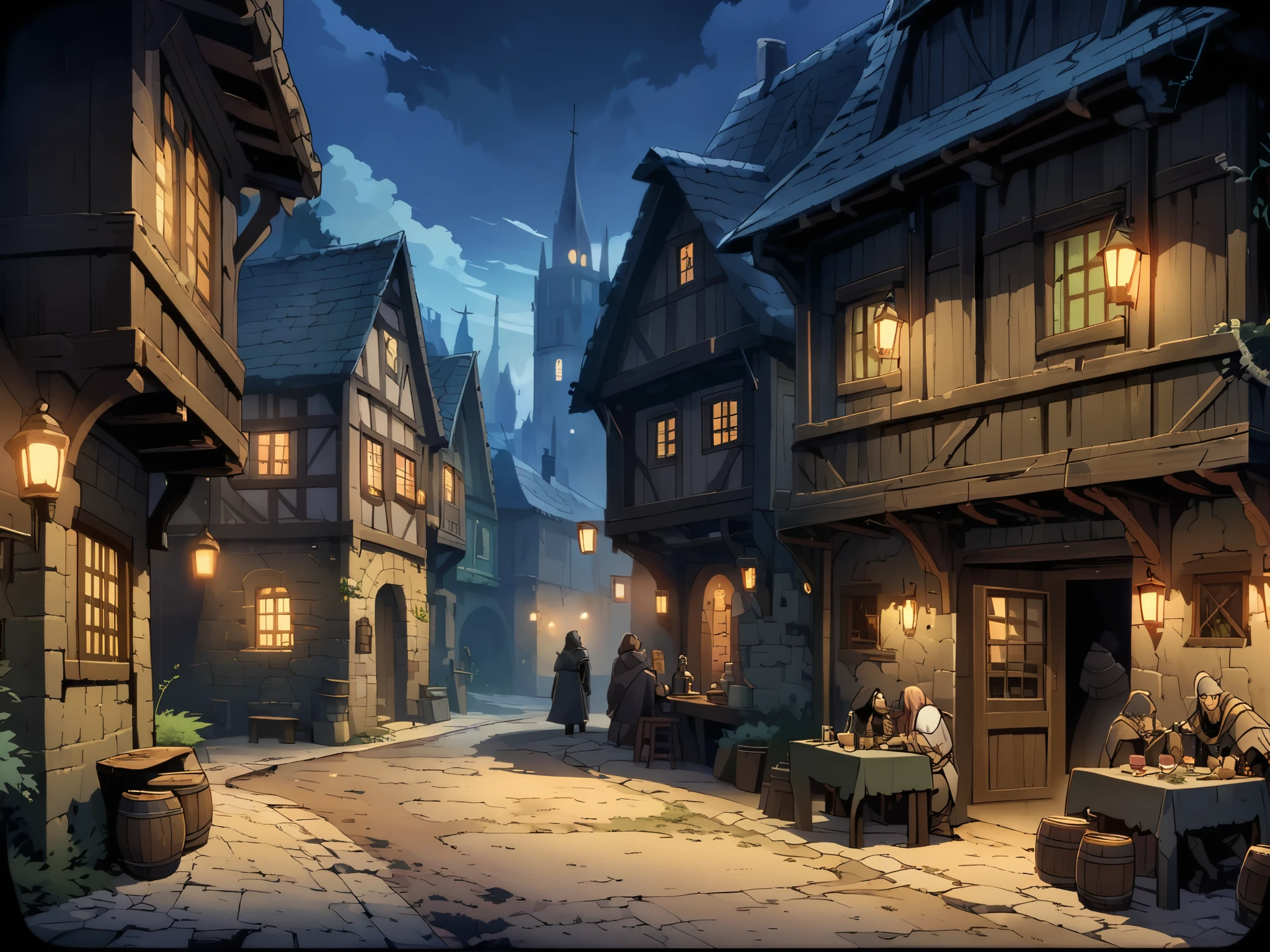 A tavern(The European Medieval Black Market)，The pub is located in a secluded alley，It was pitch black all around，There are bushes and weeds，There are no pedestrians on the streets，Two people in black cloaks drinking，The setting is night。Mid-ground composition，Panorama pictures，Scene screen，Game concept art style，Anime illustration style，HD，4K。