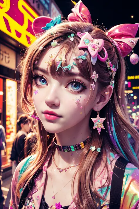 This is a colorful and ornate (masterpiece). Generate a trendy decora woman in the colorful and busy streets of Akihabara, Tokyo...