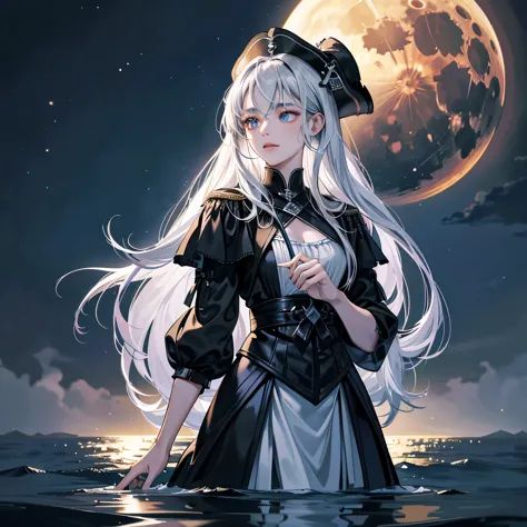 Moon, a tall and wise woman shrouded in mystery, stood gracefully on the endless shore of the black ocean. Her pale silhouette w...