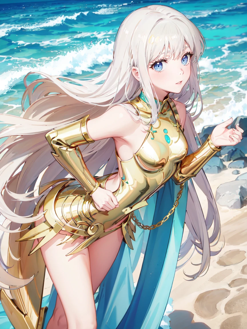 mujer,foto de cuerpo completo, tiro de cuerpo completo,((en la playa. ))) mejor calidad de imagen, alta calidad, el fondo es claro，きれいなmujer, japonés, detallado, detallado eyes, detallado skin, Piel hermosa, 超Alta resolución, (realidad: 1.4),とても美しいmujer, Una cara un poco más joven, Piel hermosa, delgado, (Ultra-photorealism), (Alta resolución), (8K), (非常にdetallado) (Beautiful and detallado eyes), (非常にdetallado), (detallado face), Mostrando el visor, finos detalles, detallado face, Mirando al frente, Mirando al frente, Foto Real, cara de bebe,peinado: pelo largo,sonrisa,(((Saint Seiya、Armadura de oro、Cruz de oro)))(pecho plano,)(((cofres planos,)))((sonrisa,))pelo sobre un ojo, desde abajo,Están de pie、(((culata)))、