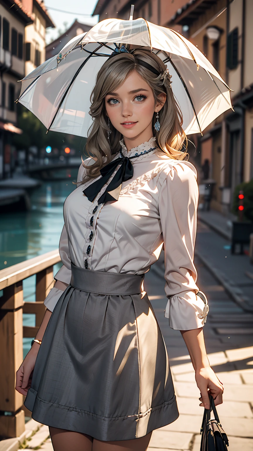 Claude Monet 、Bridges in Dolceacqua、Prill umbrella skirt、White woman in high-neck ribbon blouse、Silver Hair、blue eyes、Wavy hair、Smile