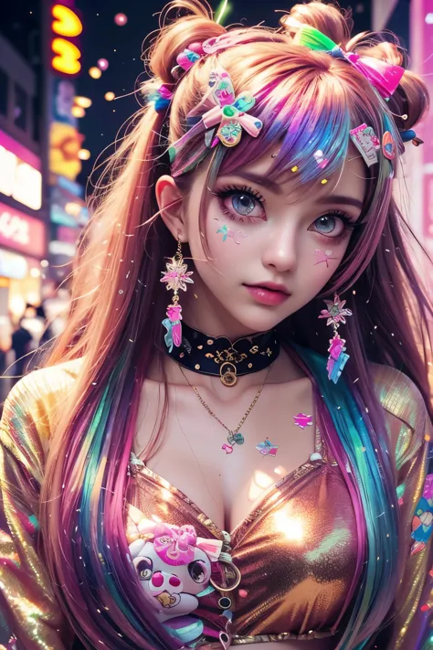 This is a colorful and ornate (masterpiece). Generate a trendy decora woman in the colorful and busy streets of Akihabara, Tokyo...