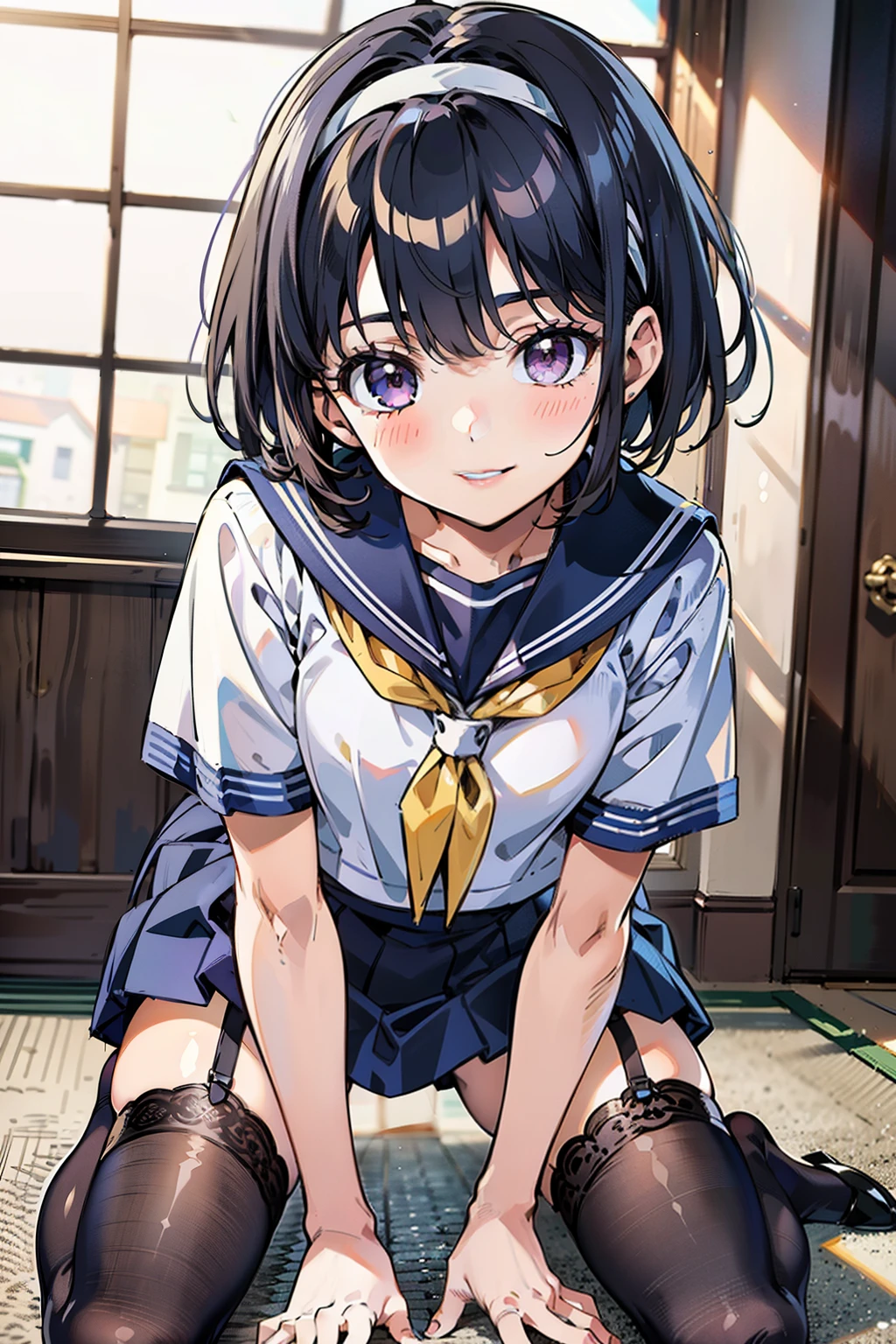 sailor uniform, sailor suit, one woman, (A beauty woman, Delicate high school girl:1.3), 8k, highest quality, masterpiece, Very detailed, Ultra-high resolution, Realistic, RAW Photos, Absolute Resolution, Black Hair, Bobcut, Small face compared to body, Very small face, Black Hair, ((Navy blue sailor suit)), Navy Blue Skirt, High school girl in sailor suit, 2D Rendering of Anime, realistic young anime school girl, , ((White headband)), Small breasts, tall, Slanted Eyes, Purple Eyes, Black Stockings, garter belt, toothless smile, Private room, (Step lightly:1.3), (Top-down position:1.2), blurry background,