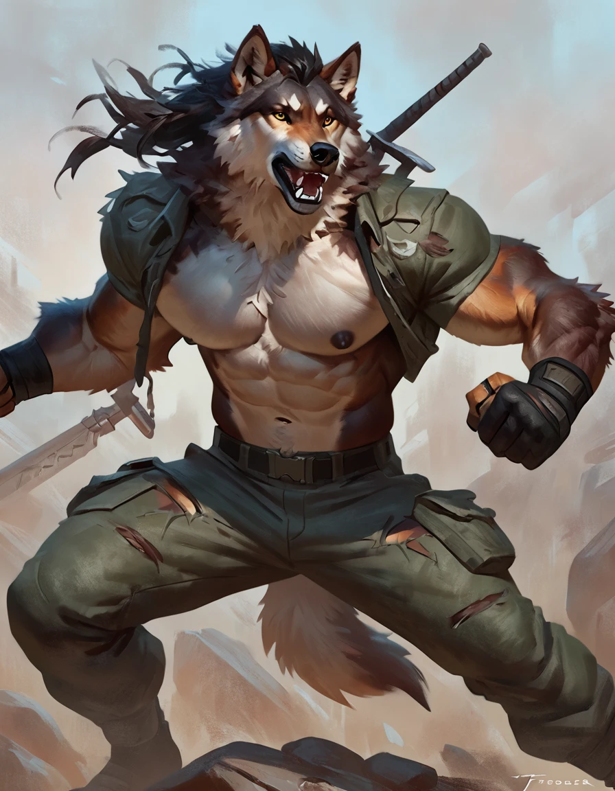 Anthro wolf male warrior, concept art, solo, strong eyes, military pants, hi res, masterpiece, absurd res, 2023, extreme detail, abs, pecs, dark nipples, torn military shirt, by taran fiddler, fighting pose, hair