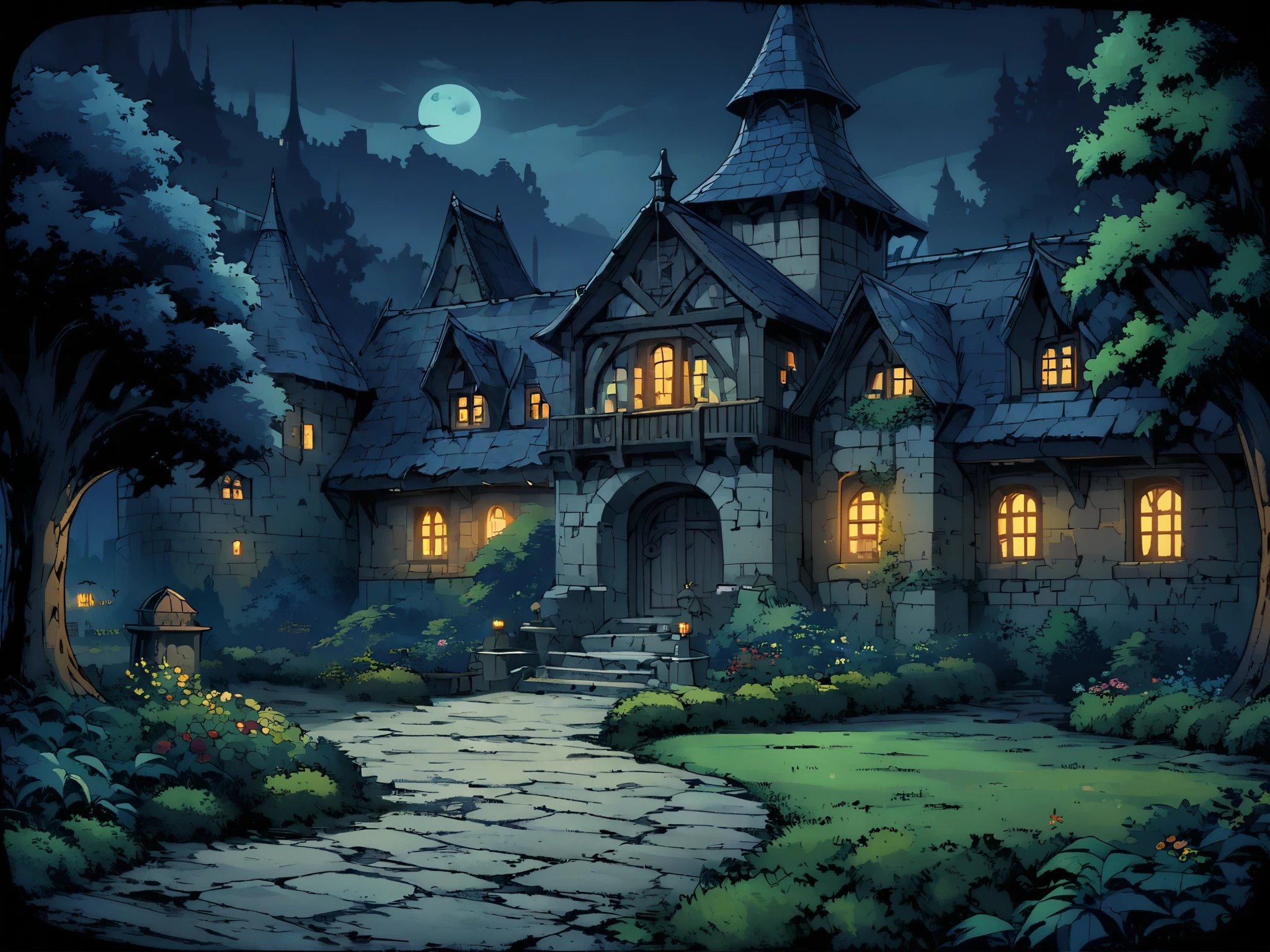 A villa(European medieval castle)，The villa is surrounded by a garden，Trees in the garden，Dark and spooky environment，night，Night view。Mid-ground composition，Panorama pictures，Scene screen，Game concept art style，Anime illustration style，HD，4K。