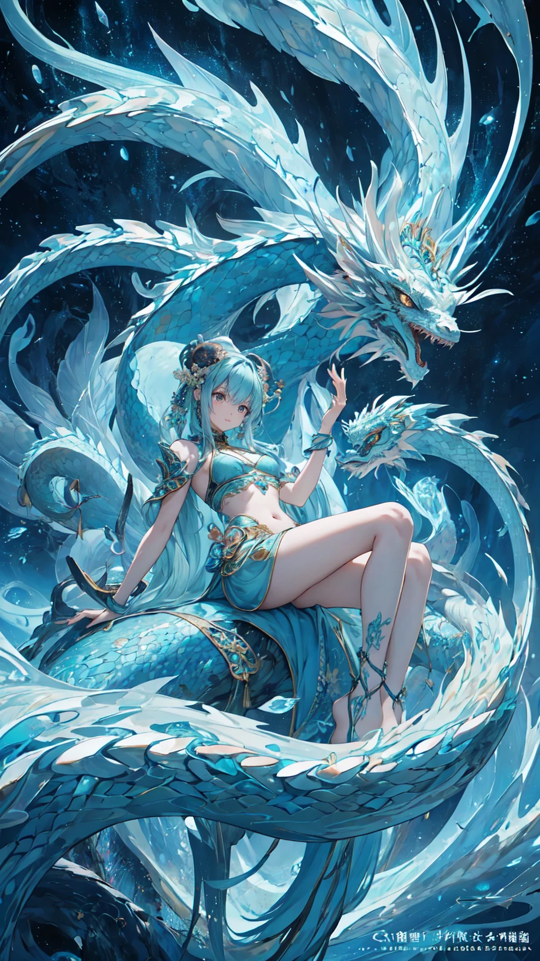 *8K masterpiece, highest quality, highest quality, Official Art, (Beauty and aesthetics: 1.3), Very detailed, (Fractal Art: 1.3), colorful, Ice and Chinese dragon, Serpentine body, nail, cyan and 1 Woman, Hanwomen&#39;s Media, Hanfu, cyan