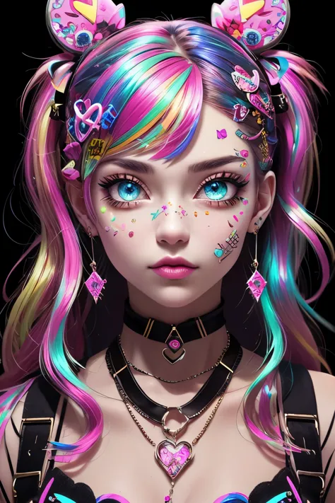 This is a Harajuku street-style masterpiece with extreme detail. Generate a trendy ((decora)) cyberpunk woman in the colorful an...