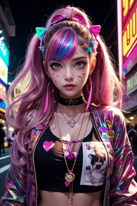 This is a Harajuku street-style masterpiece with extreme detail. Generate a trendy ((decora)) cyberpunk woman (standing) in the ...