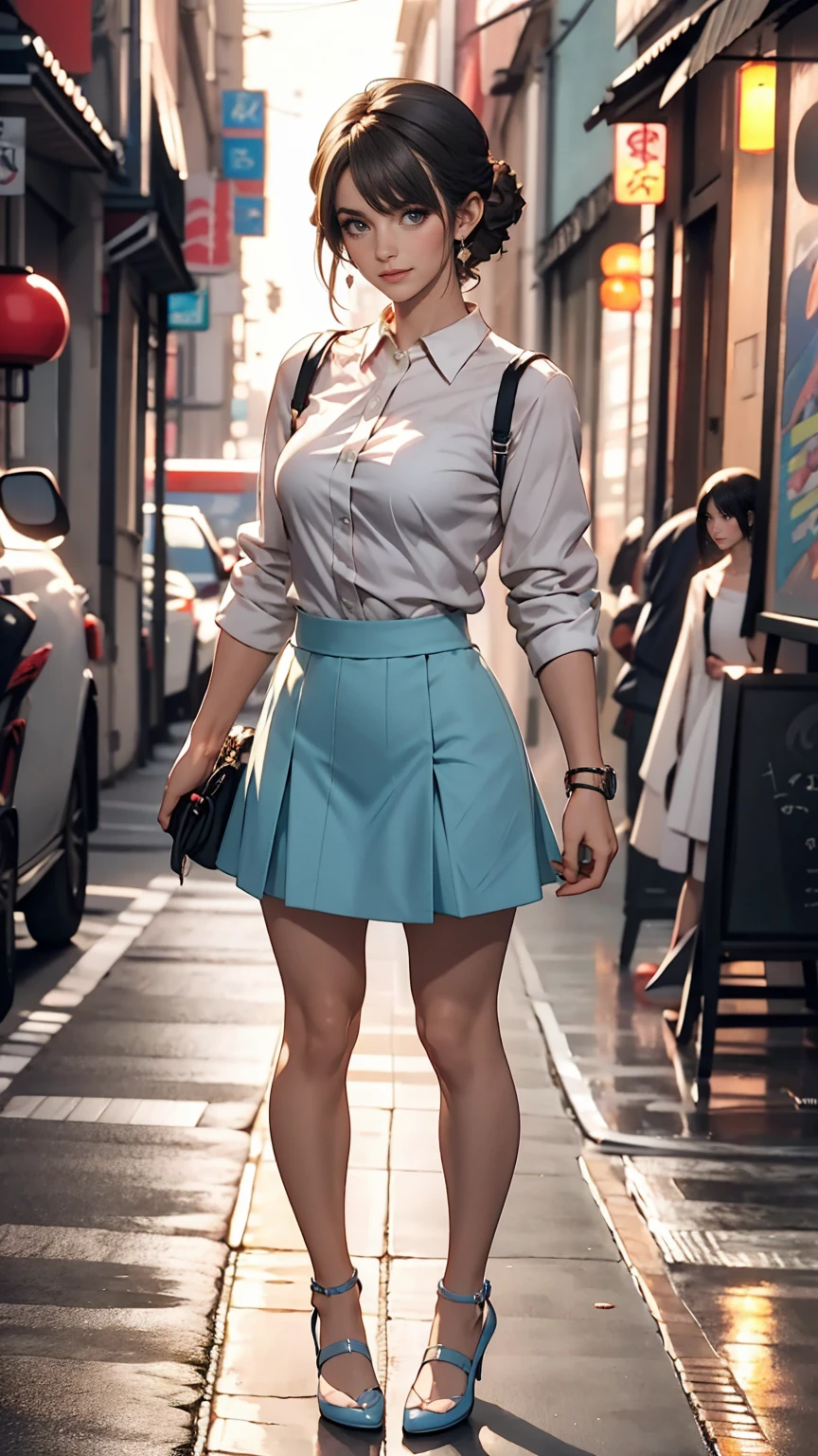 high quality, 4K, In frame, Close-up portrait of a dark-haired woman in a white shirt and light blue skirt, Photorealistic anime girl rendering, Cute 3D Anime Girl Rendering, April Rendering, Anime VTuber Full Body Model, Full Body Shanxia, live2d Virtual YouTuber Model, Smooth anime CG art, Realistic portrait full body realistic anime 3D style, photorealistic full body