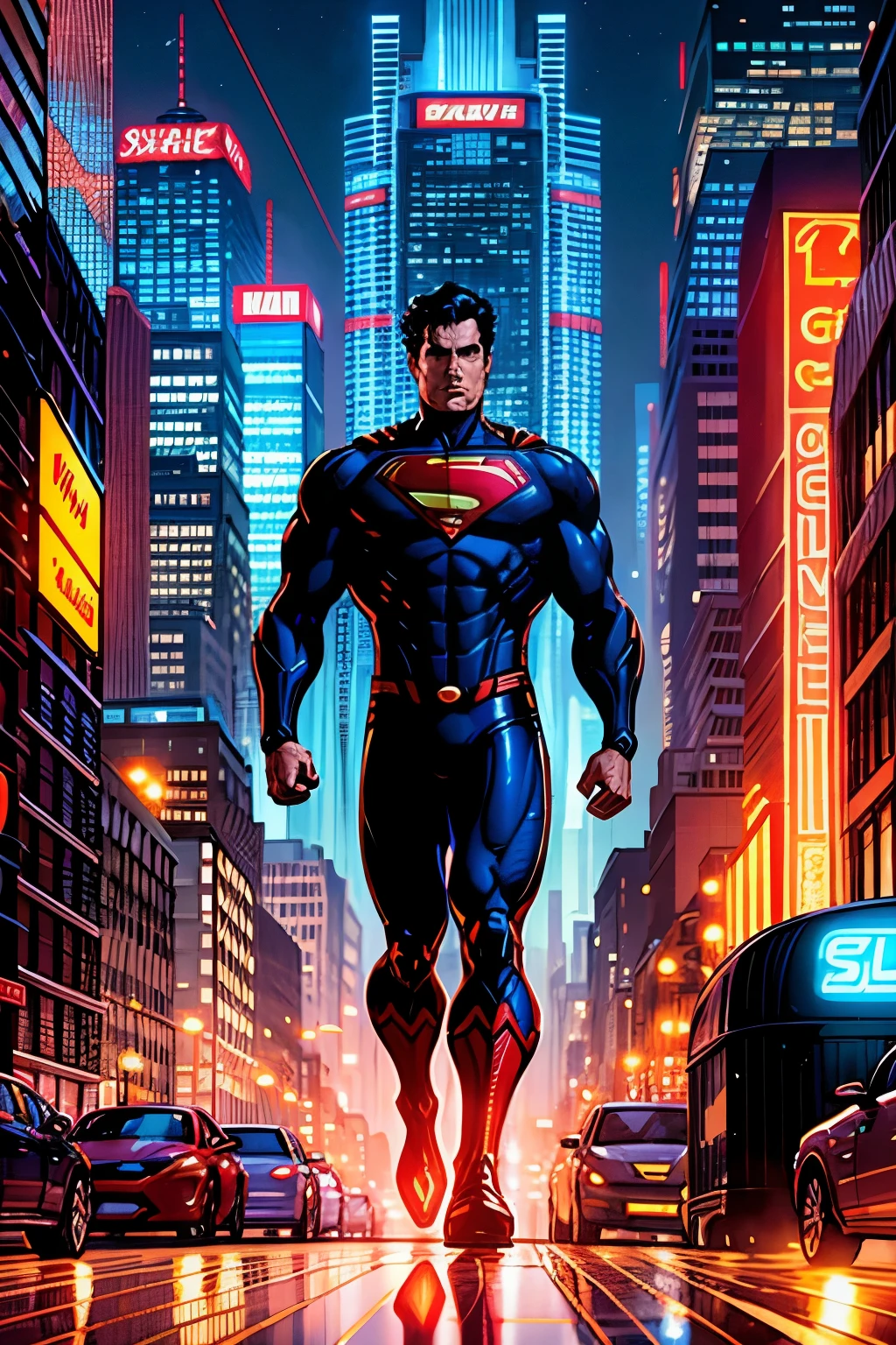 In the heart of a bustling metropolis, Superman dons the sleek, armored suit of Iron Man. The cityscape is bathed in the soft glow of neon lights, as towering buildings stretch up to the heavens. Hovering helicopters and flying cars dart through the sky, leaving trails of light behind. The sidewalks beneath Superman's feet are made of a shimmering, self-healing material, reflecting his powerful presence. The air is filled with the faint hum of technology, mingling with the faint scent of ozone and the tang of electricity.

Superman's eyes, hidden behind the advanced visor of the suit, flick over the