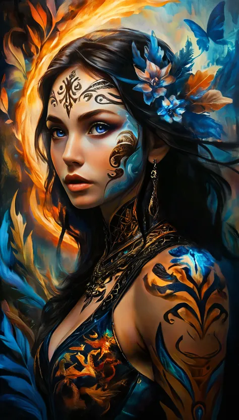 dark fantasy, (realistic, photo-realistic:1.37), (full body shot:1.4), arafed young woman with tribal tattoos on neck and arms, ...