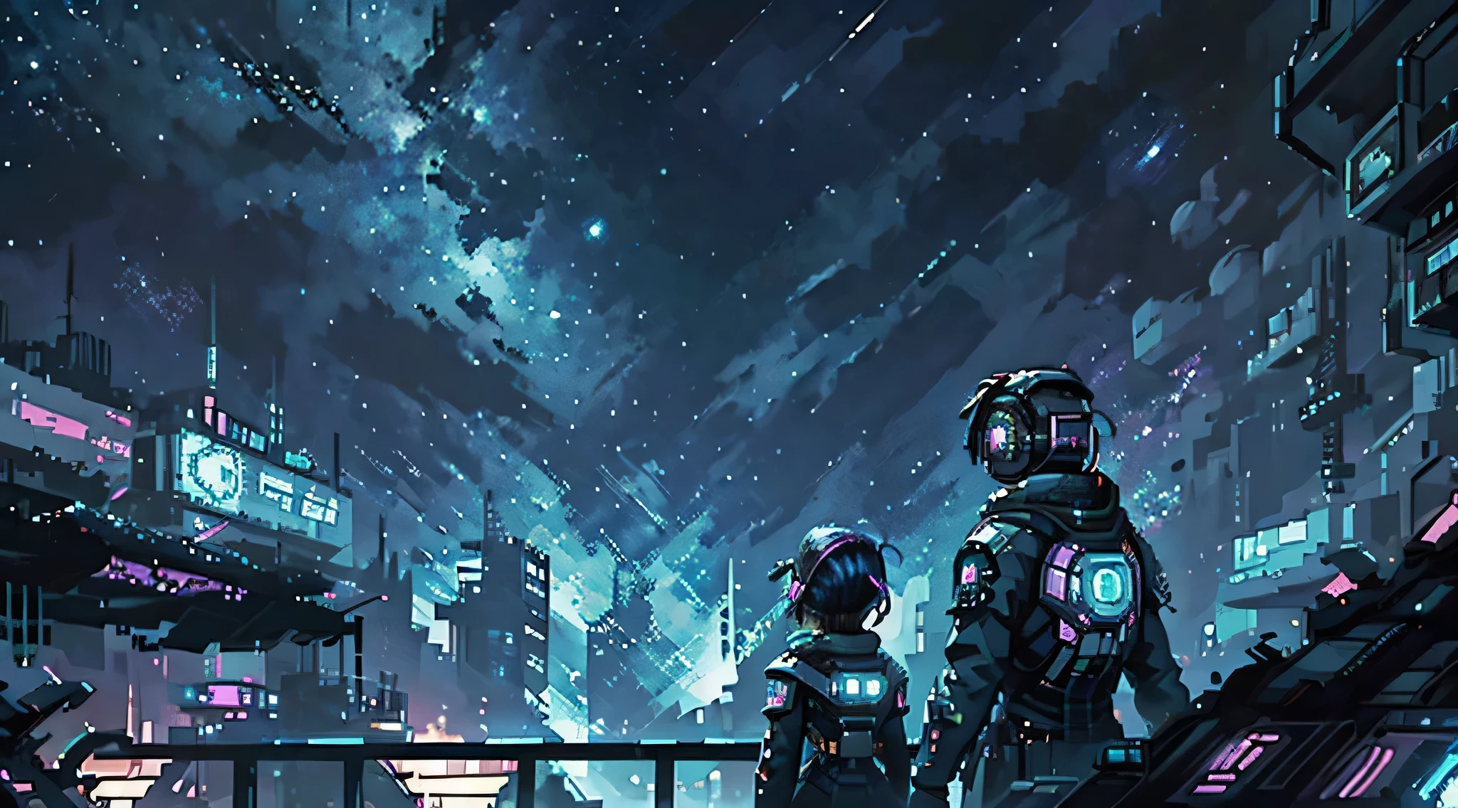 looking up at the starry sky on a balcony in a cyber punk environment