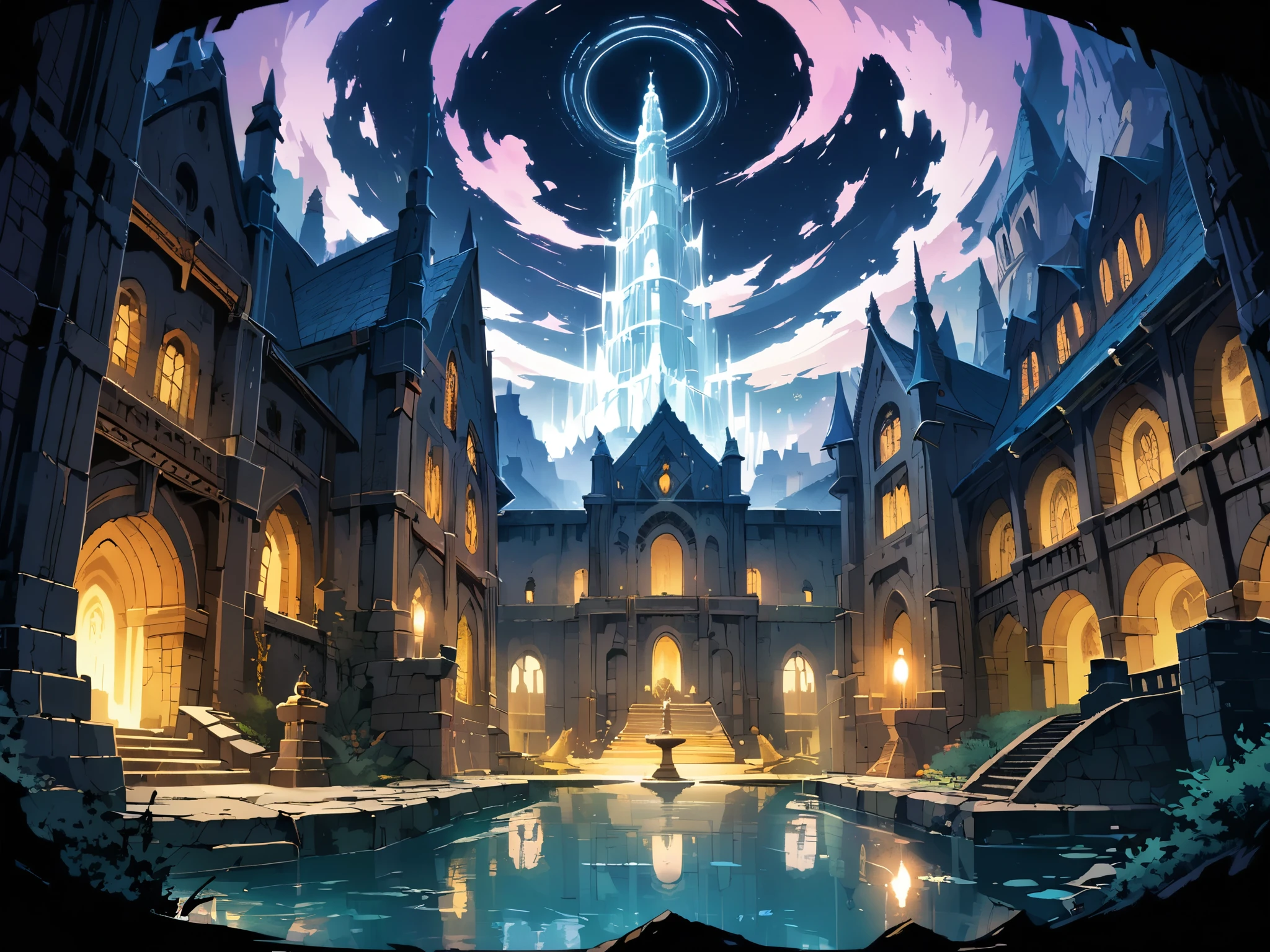 Magic Academy(Medieval European Temples)，It is surrounded by huge walls.，There is a lake in the atrium，There is a fountain in the middle of the lake，The castle is magnificently decorated，Shrouded in mysterious light，The setting is night。Mid-ground composition，Panorama pictures，Scene screen，Game concept art style，Anime illustration style，HD，4K。