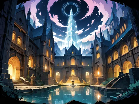 Magic Academy(Medieval European Temples)，It is surrounded by huge walls.，There is a lake in the atrium，There is a fountain in th...