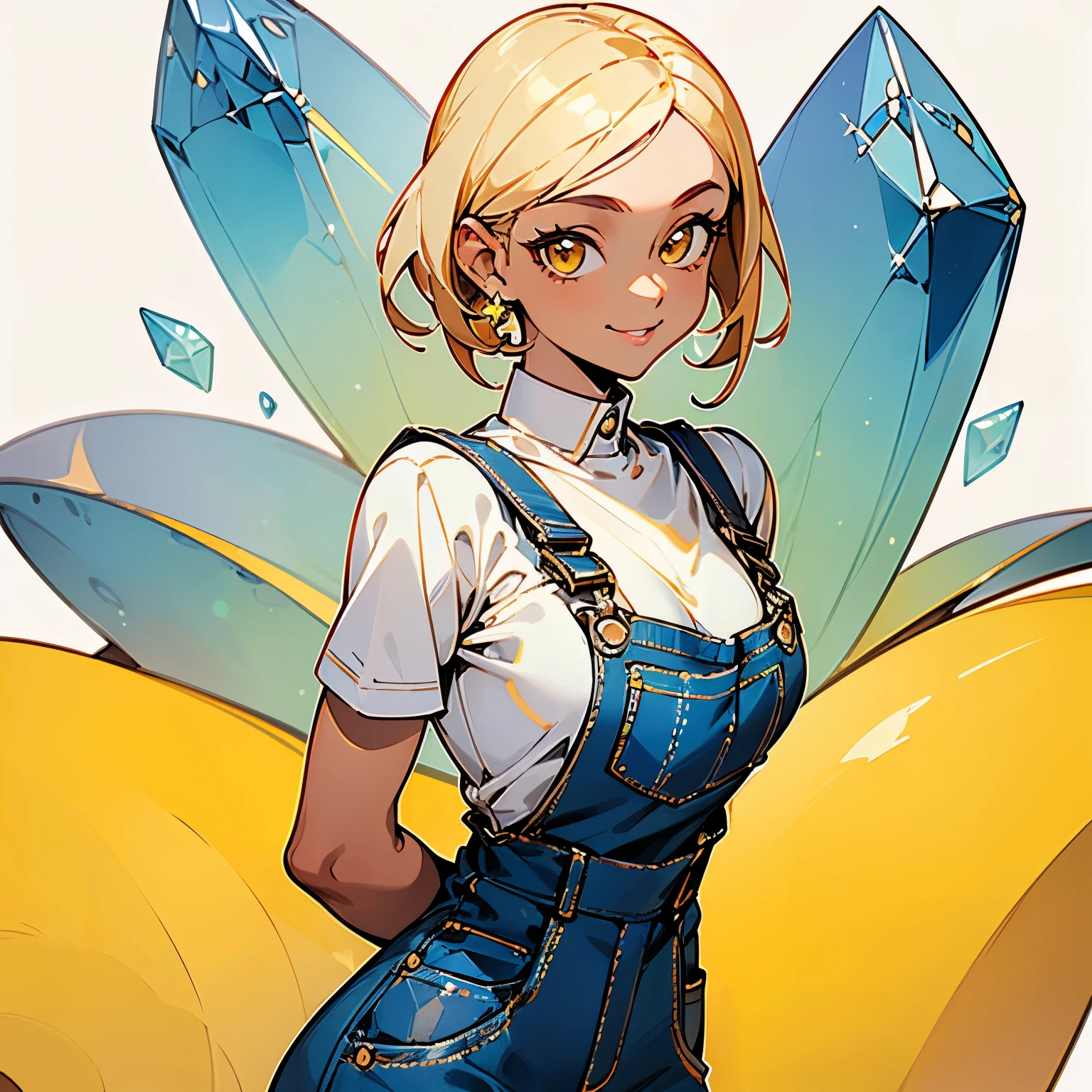 (masterpiece, top quality, best quality, official art, beautiful and aesthetic:1.2), 1 woman, tanned, dark blue overalls, farmer, short yellow hair, mature, big boobies, milf, toned body, sparkling nice detailed crystal clear yellow eyes, kind, smiling, (completely white background)