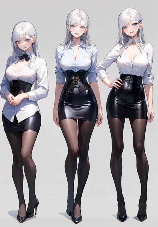 silver hair,Long hair,Adult female,Bartender,((Rolling up your sleeves shirt)),(Corset),(Tight skirt),High heels,((Simple background)),Smile,((Full body)),((whole body)),Character Sheet,