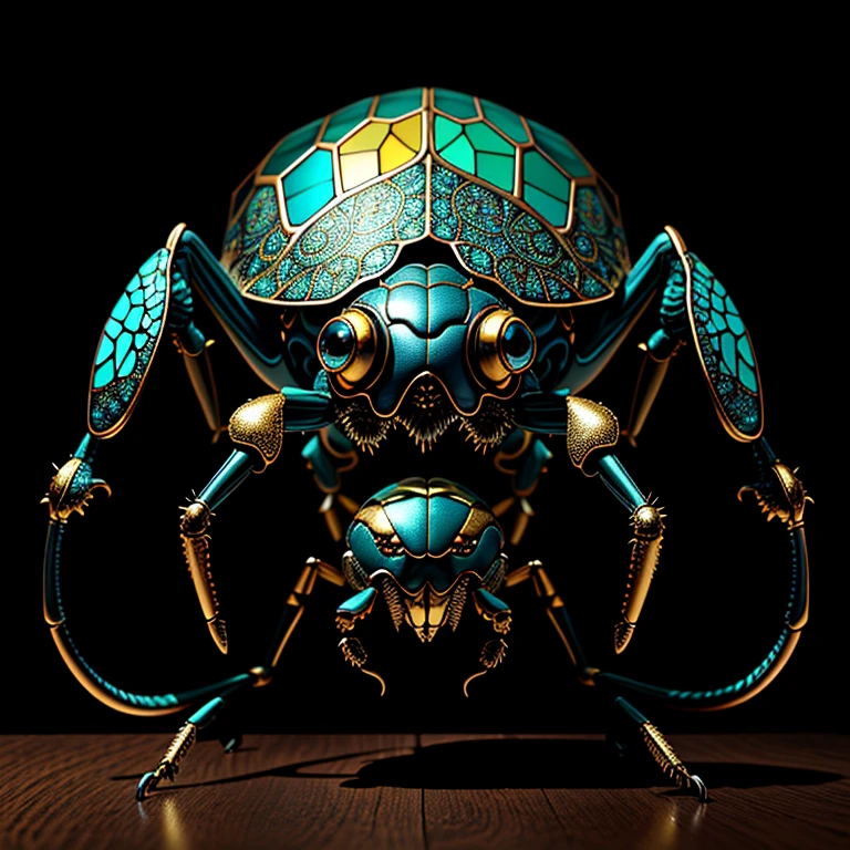 A meticulously crafted and artistically rendered stag beetle, with intricate details and vibrant colors. The body is adorned with metallic textures in shades of turquoise and gold, shimmering under the soft light. Its exoskeleton reveals intricate patterns, reminiscent of stained glass or finely crafted jewelry, adding an ethereal quality to its appearance. Perched on a dark wooden surface, the contrast between the vibrant colors of the beetle and the muted background enhances its intricate design, drawing the eye and showcasing its sharp features. The beetle's large mandibles and antennae stand out in high relief, adding