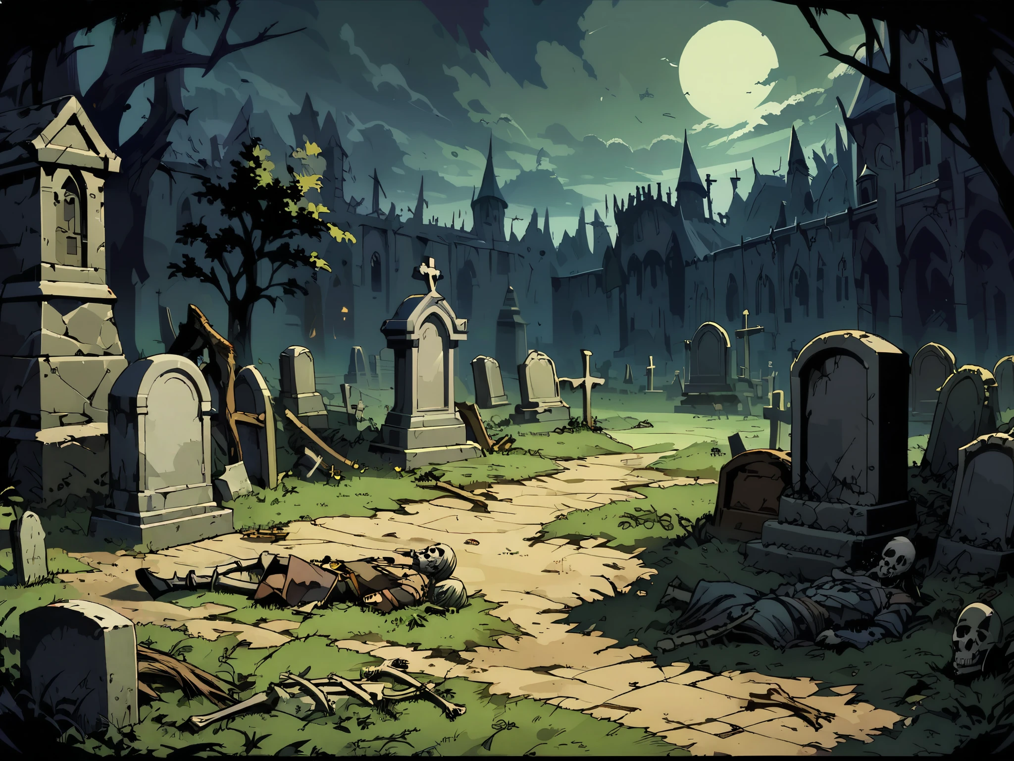 cementerio(Medieval Europe)，Lleno de maleza y madera muerta，ambiente espeluznante，lápida sepulcral，ataúd，Bones，cadáver，noche。Composición intermedia，Imágenes panorámicas，Pantalla de escena，Estilo de arte conceptual del juego.，Estilo de ilustración de anime，alta definición，4k。