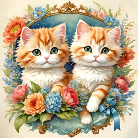 ((A couple of cats holding a bouquet)),masterpiece,highest quality,Fluffy cat,Little,cute,Adorable,fun,happiness,,Flower Hair Ornaments,Stylish scenery,Anatomically correct,all the best,,Little cat,The cutest cat,Fantasy,Randolph Caldecott Style,Awareness-...