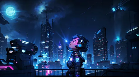 looking up at the starry sky on a balcony in a cyber punk environment