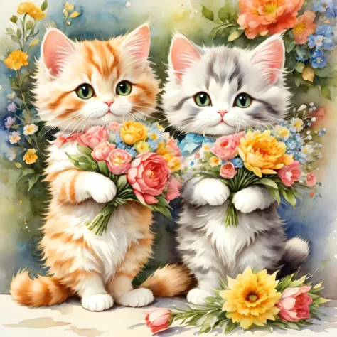 ((A couple of cats holding a bouquet)),masterpiece,highest quality,Fluffy cat,Little,cute,Adorable,fun,happiness,,Flower Hair Ornaments,Stylish scenery,Anatomically correct,all the best,,Little cat,The cutest cat,Fantasy,Randolph Caldecott Style,Awareness-...