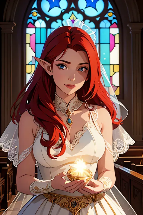 masterpiece, digital artwork, a gorgeous redhead elf, ornate wedding dress, glass painted windows in church, stars, elegant port...