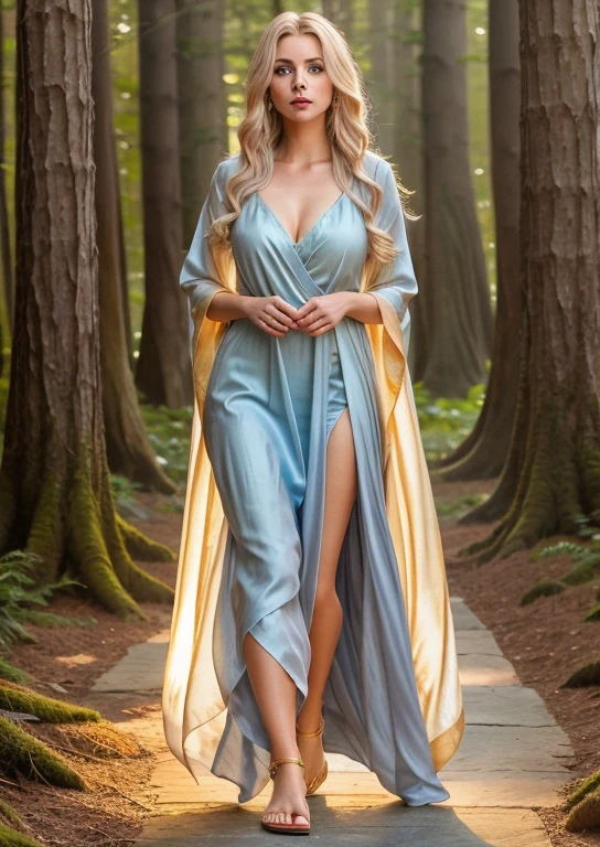 Create a head to toe full body picture, forward facing of Dawn Of Light a beautiful ethereal women with long platinum coloured hair and beautiful blue eyes. Draped in a glowing modest garment, and gold sandals. Radiating light in an ethereal forest of light.