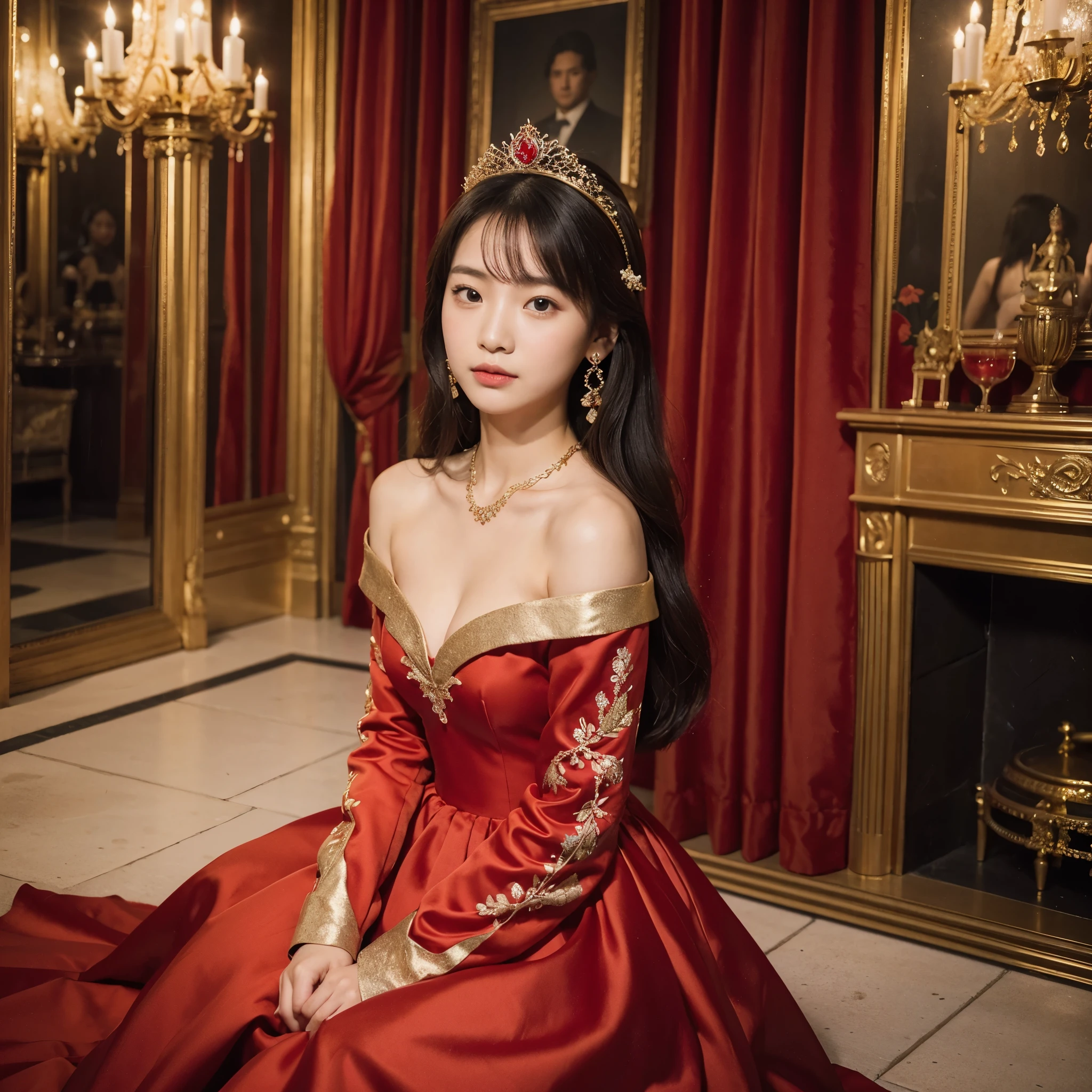 ((1girl)), asian girl, princess dress, red dress with small gold details, in a palace, portrait