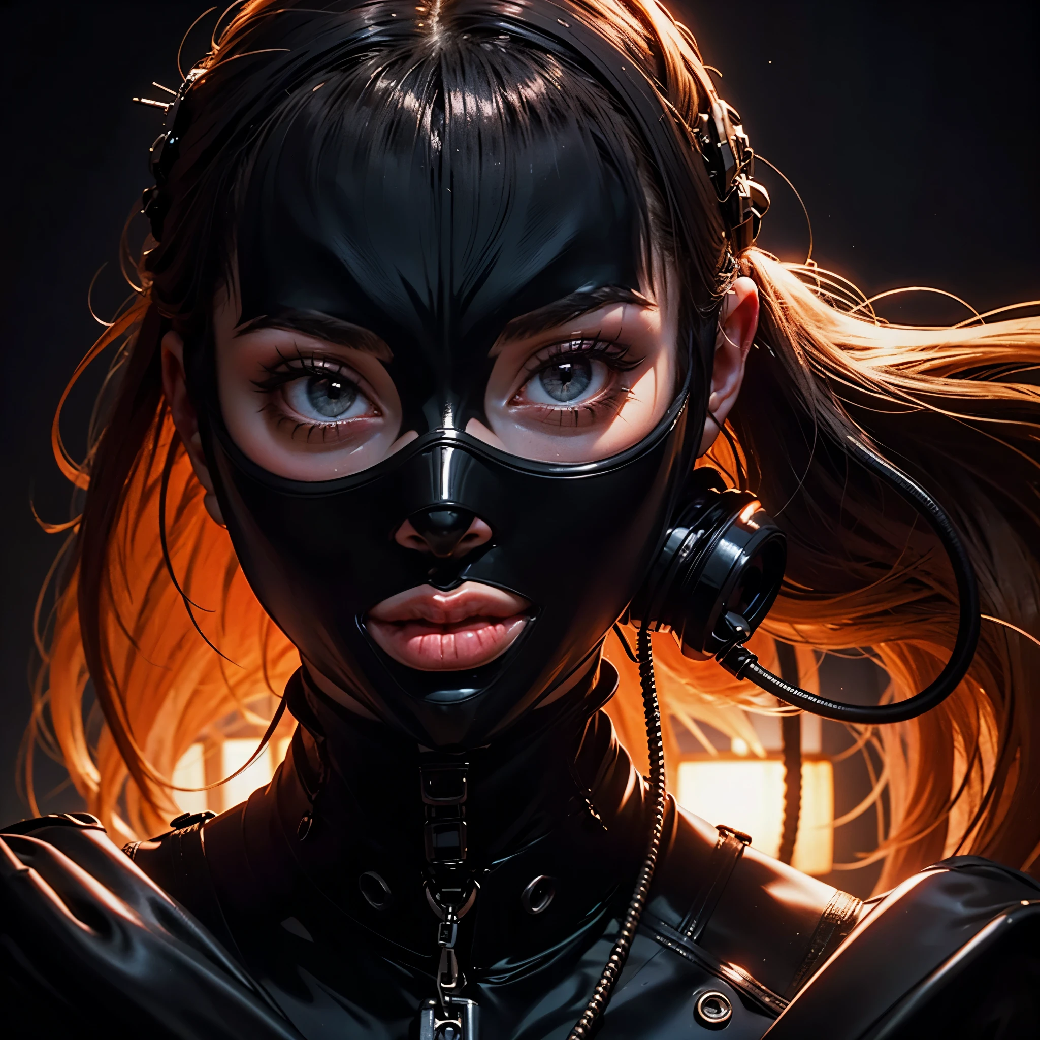 a very beautiful and very thin girl, wears black underwear with tights and latex face mask. Dark room with only red neon lighting. Viele Details, extremely realistic. good quality, 8k