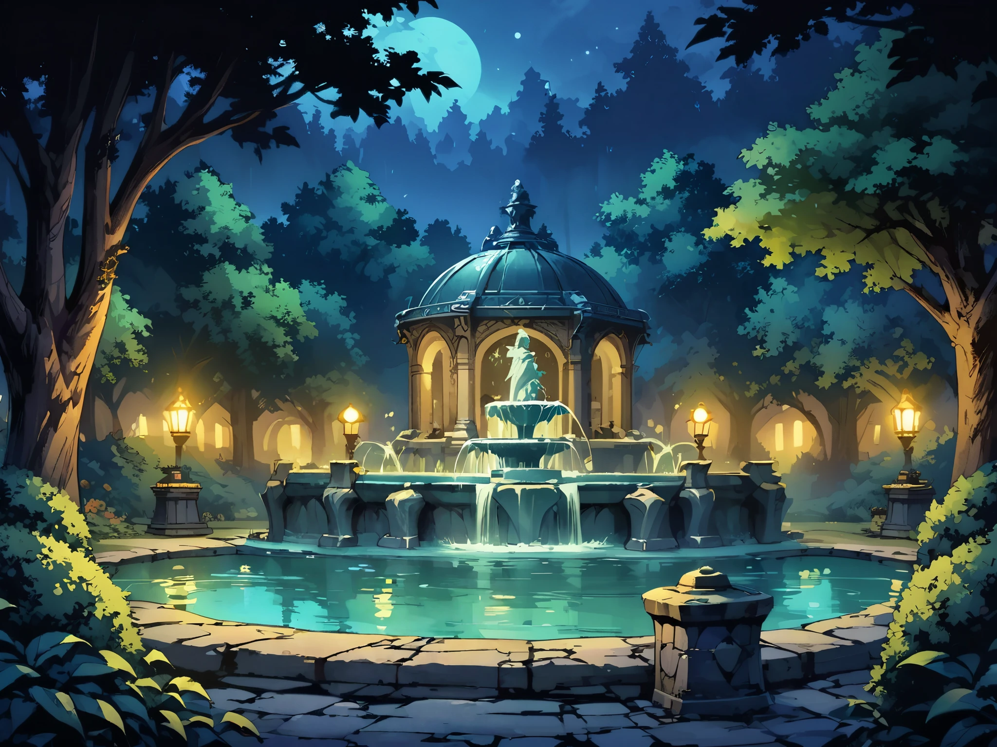 forest，The forest is shrouded in a mysterious glimmer，There is a lake in the forest，There is a magic spring in the middle of the lake(European medieval style fountain)，The lake is surrounded by only bushes and trees.，night，Night view。Mid-ground composition，Panorama pictures，Scene screen，Game concept art style，Anime illustration style，HD，4K。