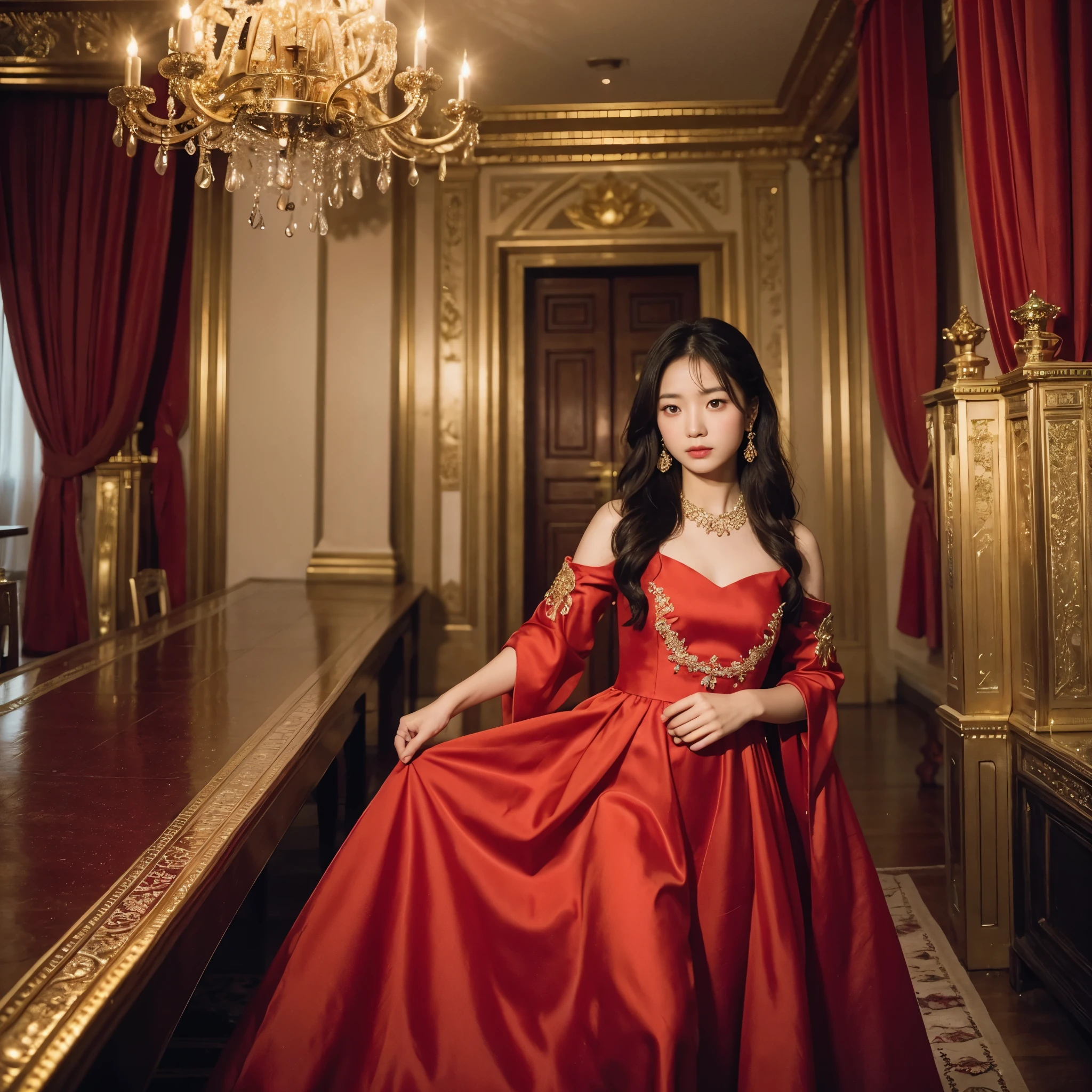 ((1girl)), asian girl, princess dress, red dress with small gold details, in a palace, portrait