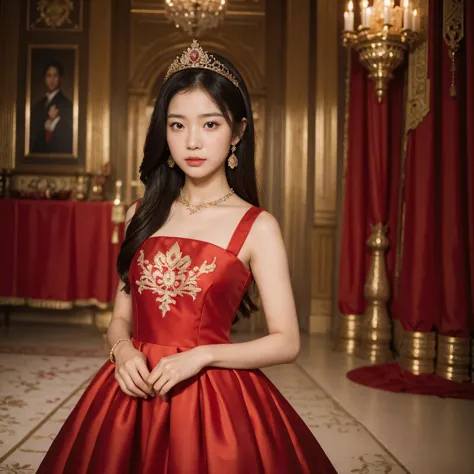 ((1girl)), asian girl, princess dress, red dress with small gold details, in a palace, portrait