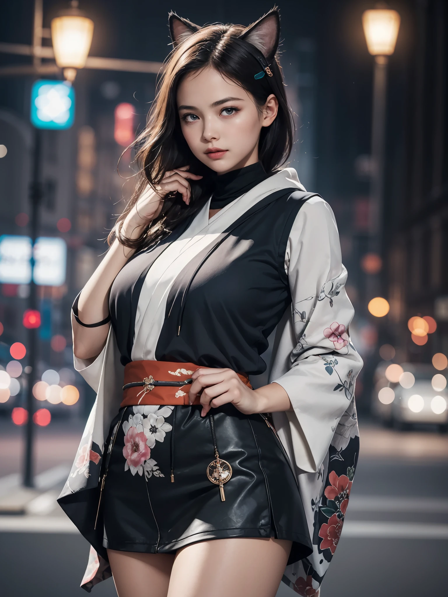 1girl, from below, hoodie, cat ears, (kimono, mini skirt:1.2), looking at viewer, city lights, moving lights, windswept, detailed face, (raw photo:1.2), ((photorealistic:1.4)), best quality, masterpiece, extremely detailed, 8k wallpaper, fine detail, best quality, extremely detailed 8k wallpaper, highres, cowboy shot, sleeveless turtleneck, hotpants, gigantic breasts, hand reach out, (11yo, cute:1.4), 