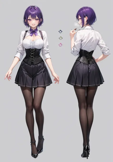 Purple hair,short cut,Adult female,Bartender,((Rolling up your sleeves shirt)),(Corset),(Tight skirt),High heels,((Simple backgr...