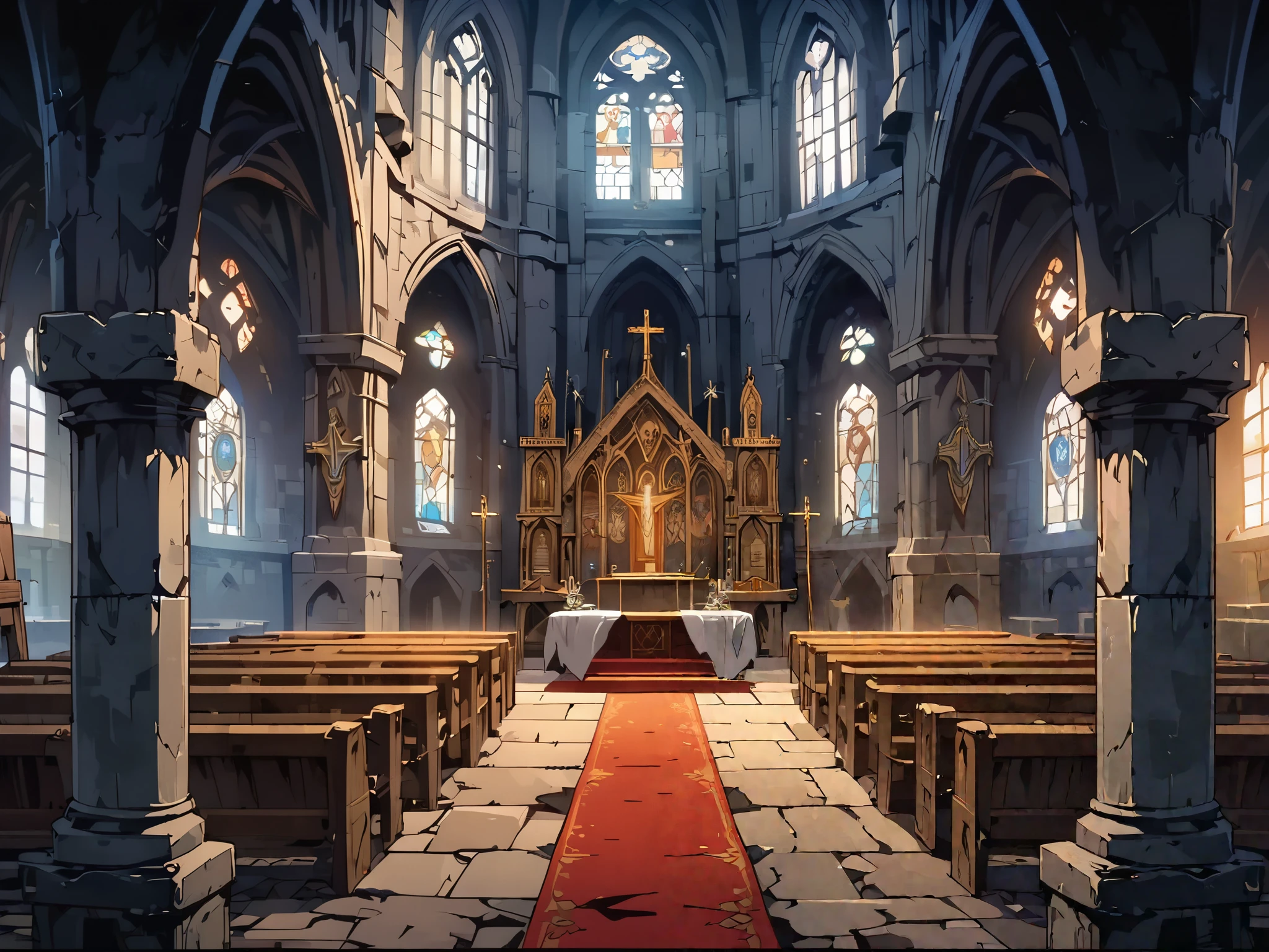 church(Medieval Church of Europe)，White Wall，Sacred and solemn environment，There is a red carpet in the middle，The seats on both sides were filled with believers praying。Mid-ground composition，Panorama pictures，Scene screen，Game concept art style，Anime illustration style，HD，4K。