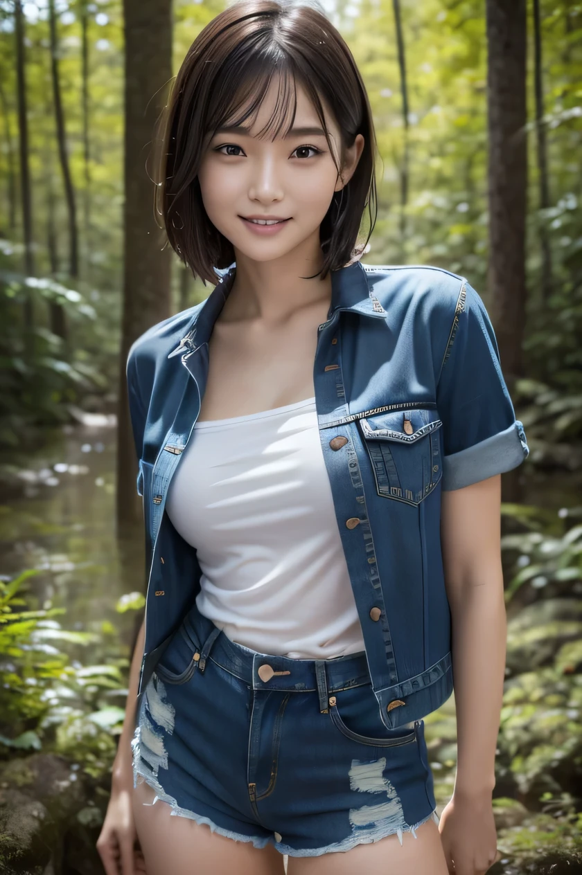 The beauty of 8K raw photos:2.0, Japanese woman, short hair, beautiful face and dark eyes, looking down, looking at the viewer:1.5, big smile, wet hair, tiny top, (denim shorts:1.2), shinny skin, open wide legs, realistic:1.9, very detailed, full body shot:1.2, High resolution RAW color photos, professional photos, Taken at the forest at dawn, girl sexy portrait