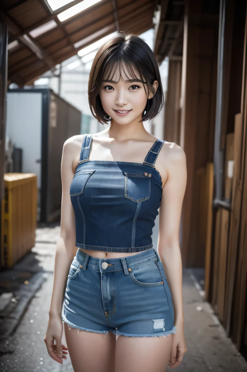 The beauty of 8K raw photos:2.0, Japanese woman, short hair, beautiful face and dark eyes, looking down, looking at the viewer:1.5, big smile, wet hair, tiny top, (denim shorts:1.2), shinny skin, open wide legs, realistic:1.9, very detailed, full body shot:1.2, High resolution RAW color photos, professional photos, Taken at the industrial factory, girl sexy portrait