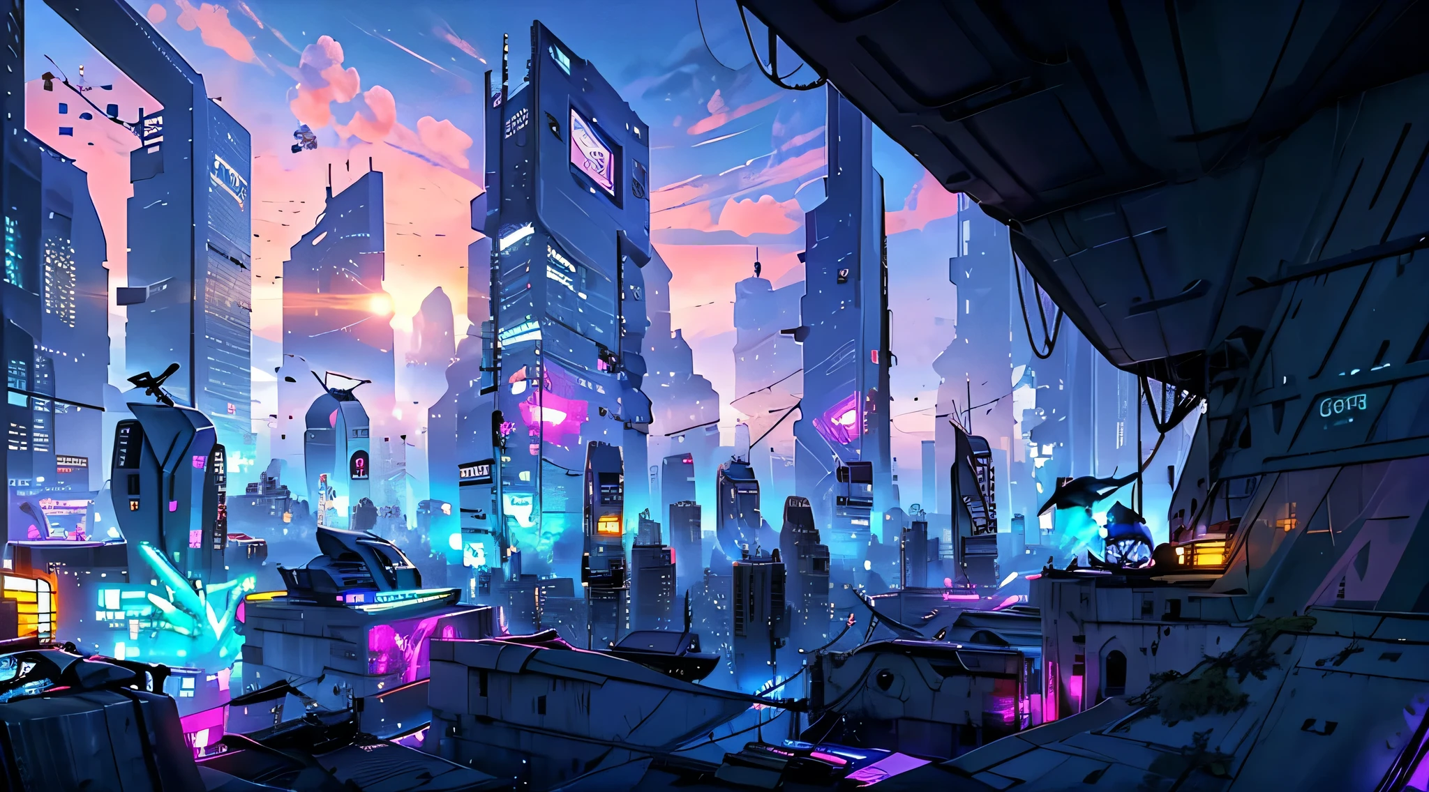 Entspannen in einer Hängematte mit einer fliegenden Stadt im Cyberpunk-Hintergrund