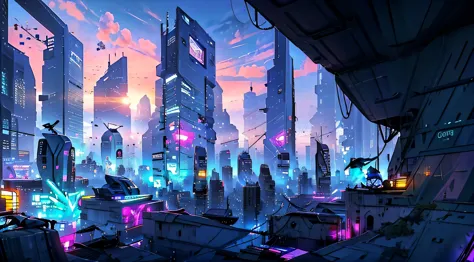 relaxando em uma rede com uma cidade voadora em plano de fundo cyber punk