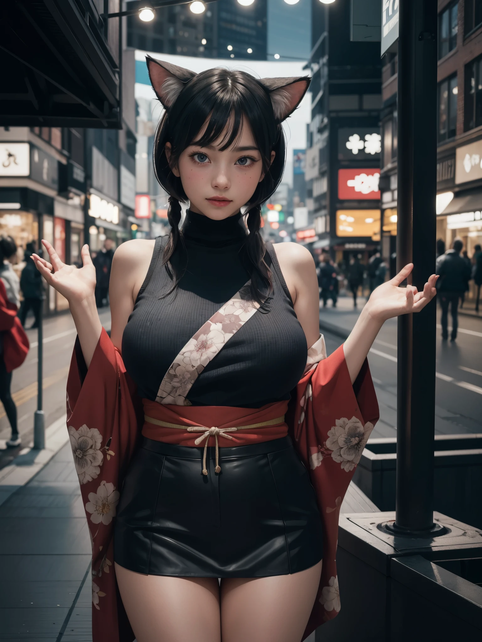 1girl, from below, hoodie, cat ears, (kimono, mini skirt:1.2), looking at viewer, city lights, moving lights, windswept, detailed face, (raw photo:1.2), ((photorealistic:1.4)), best quality, masterpiece, extremely detailed, 8k wallpaper, fine detail, best quality, extremely detailed 8k wallpaper, highres, cowboy shot, sleeveless turtleneck, hotpants, gigantic breasts, hand reach out, (11yo, cute:1.4), 